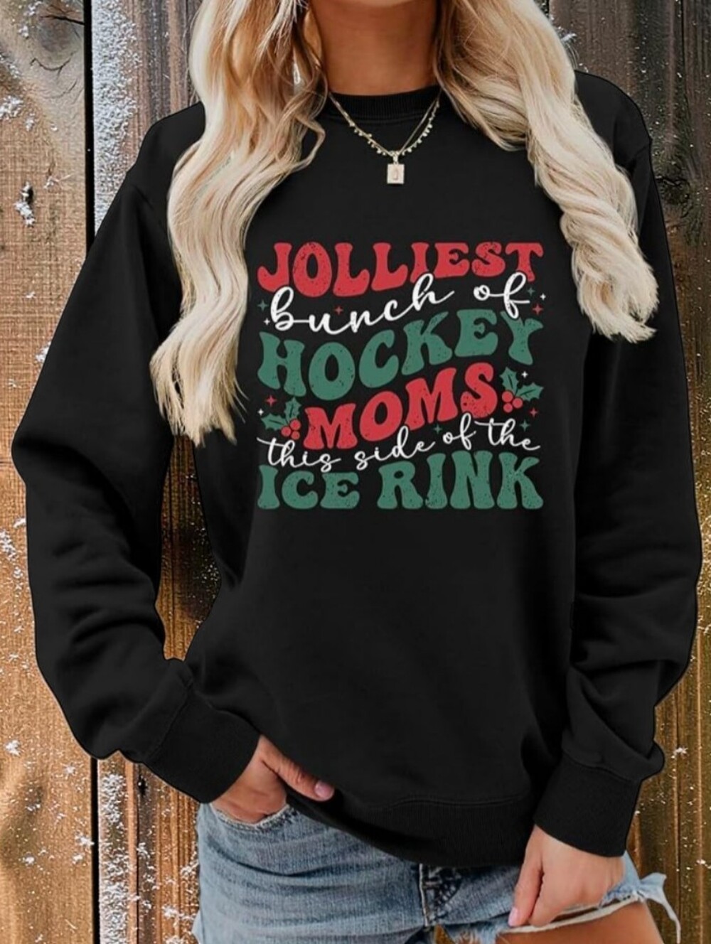 Jolliest Bunch of Hockey Moms Black Holiday Sweatshirt, S